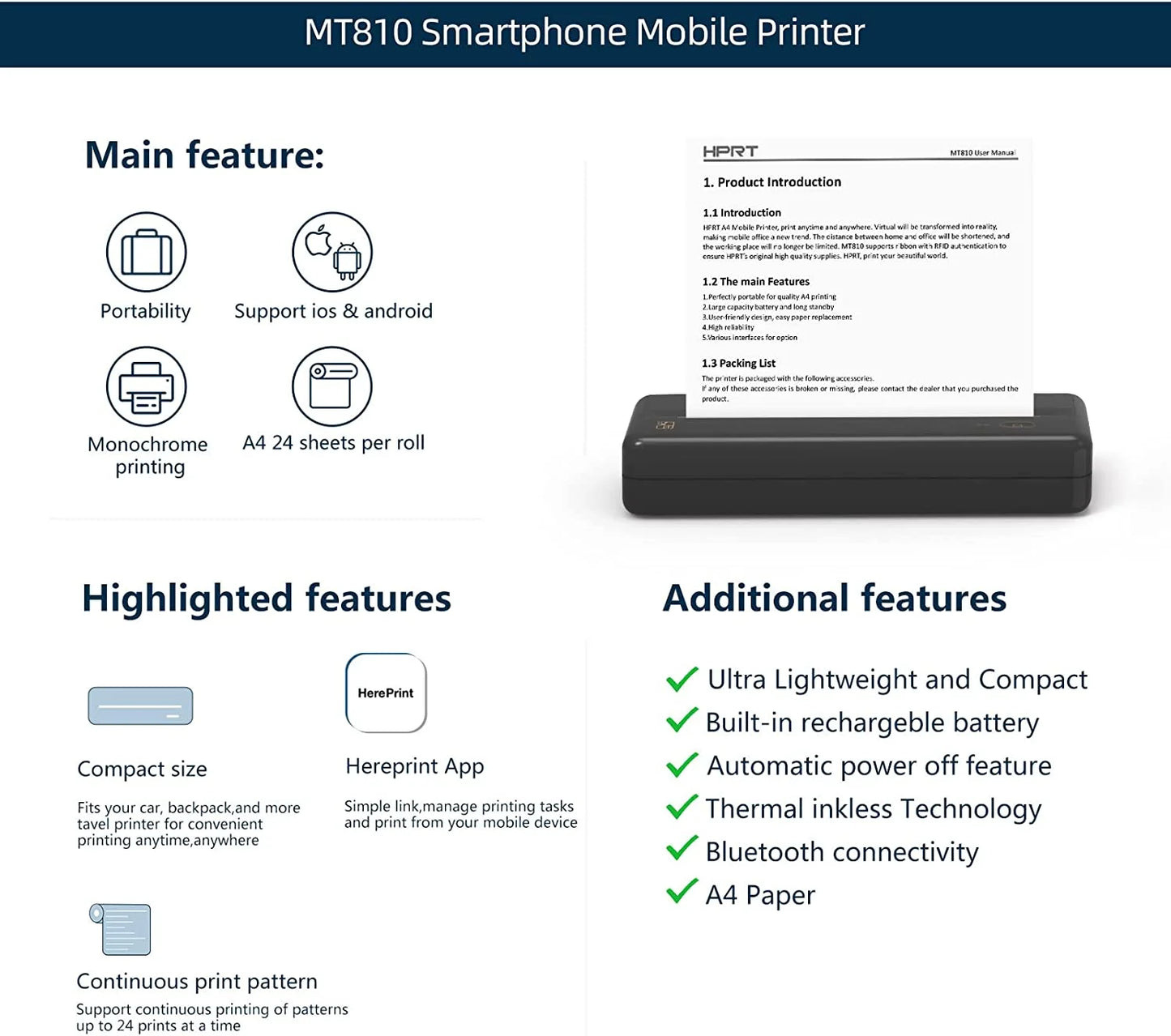 HPRT MT810 Portable Printer, A4 Wireless Bluetooth Travel Printer, Thermal Printer Support 8" & 4" Thermal Roll Paper Suitable for Home Vehincles Office Business