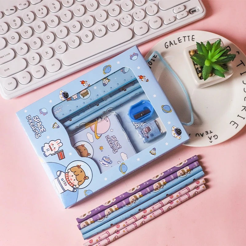 New Cartoon Stationery Set Including Pencil Notebook Ruler Eraser Pencil Sharpener Student School Supplies Stationery Gifts
