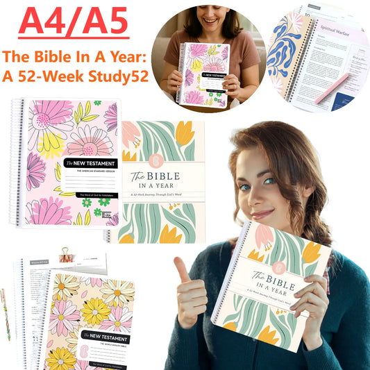 A4/A5 The Bible In A Year:A 52-Week Study Spiral Bible Study Guide Leak-Proof Womens Bible Study Guide Plan Book for Friend Gift