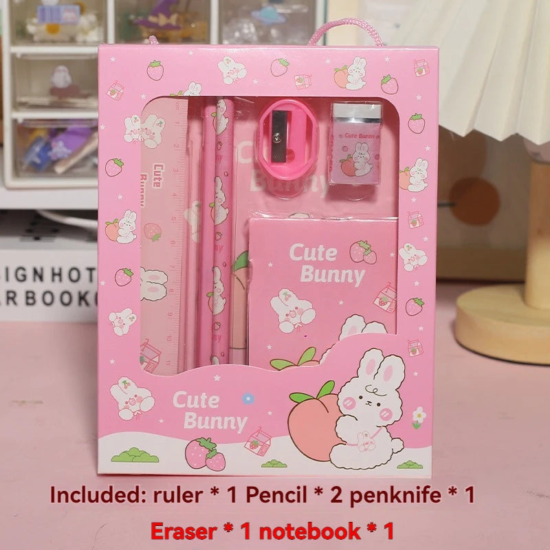 New Cartoon Stationery Set Including Pencil Notebook Ruler Eraser Pencil Sharpener Student School Supplies Stationery Gifts