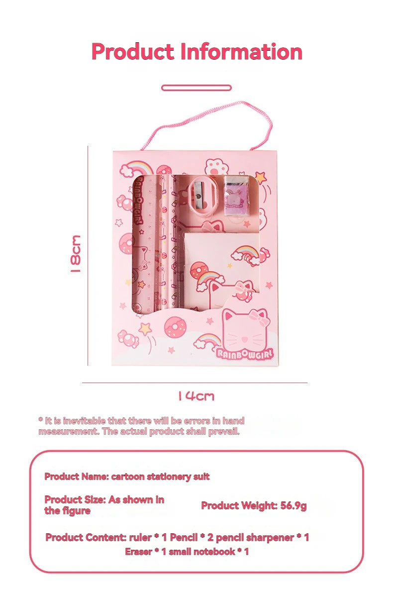 New Cartoon Stationery Set Including Pencil Notebook Ruler Eraser Pencil Sharpener Student School Supplies Stationery Gifts