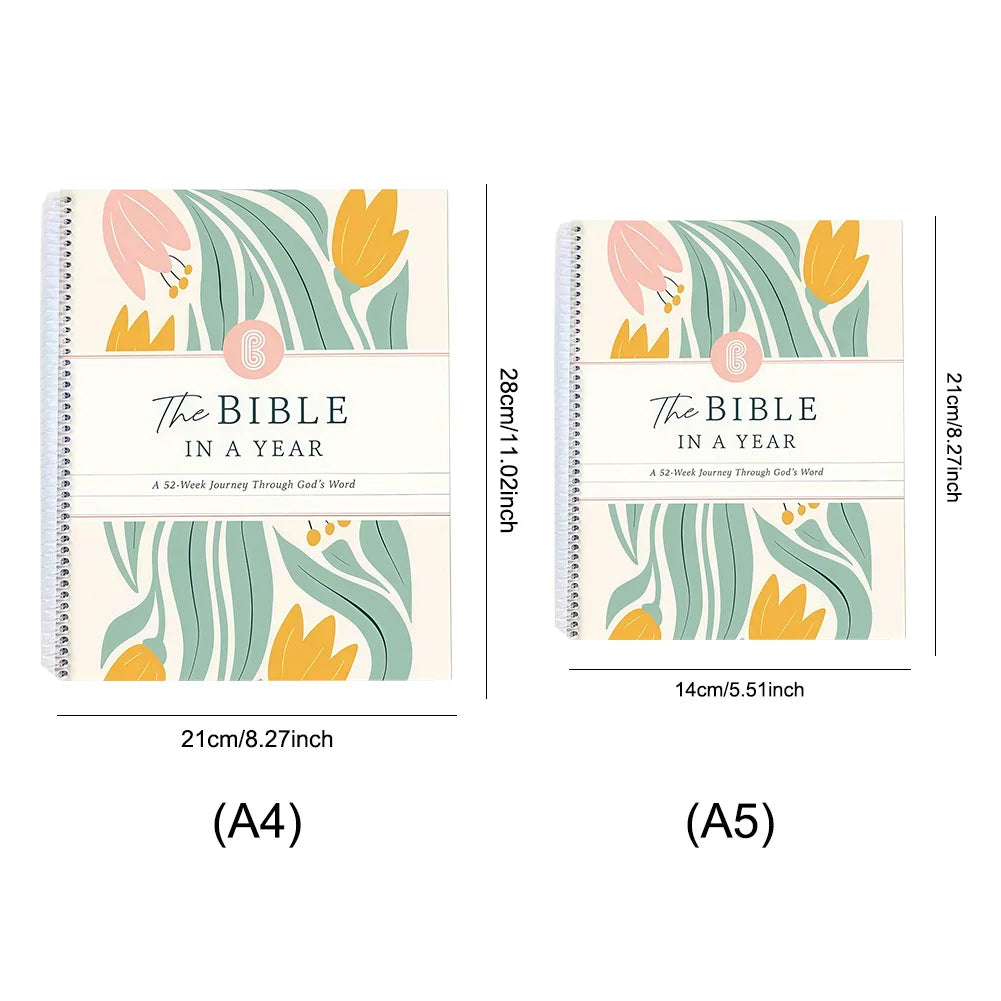 A4/A5 The Bible In A Year:A 52-Week Study Spiral Bible Study Guide Leak-Proof Womens Bible Study Guide Plan Book for Friend Gift