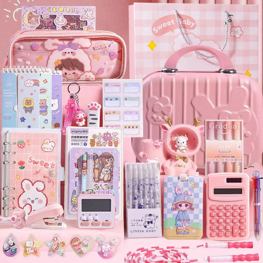 Cute Study Stationery Set Stickers Sharpener Creative Pen Bag Notebook Large Capacity Suitcase Stationery Gift Pack Students