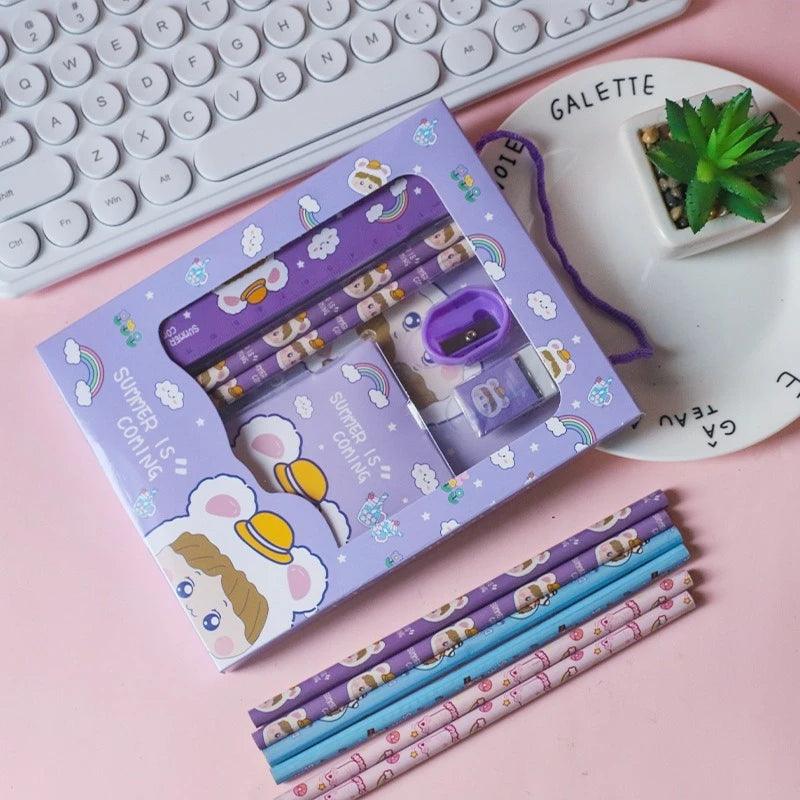 New Cartoon Stationery Set Including Pencil Notebook Ruler Eraser Pencil Sharpener Student School Supplies Stationery Gifts