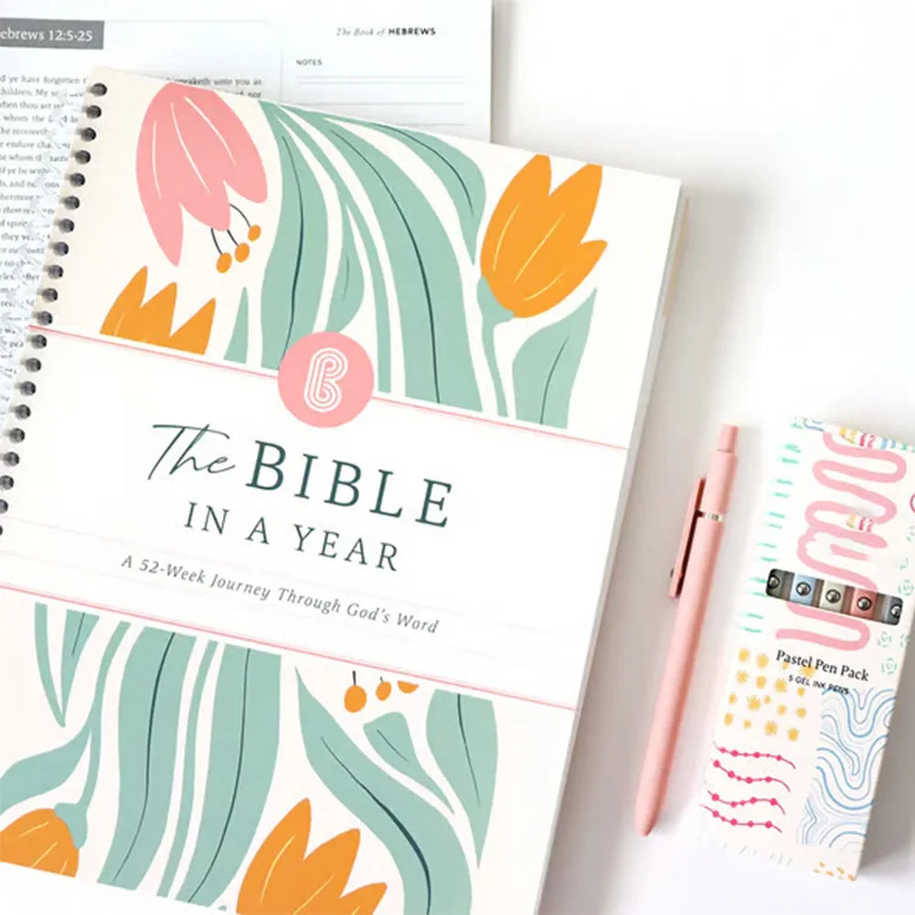 A4/A5 The Bible In A Year:A 52-Week Study Spiral Bible Study Guide Leak-Proof Womens Bible Study Guide Plan Book for Friend Gift