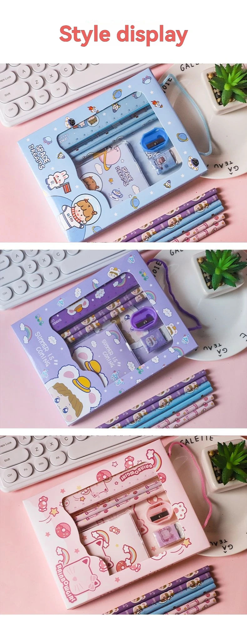 New Cartoon Stationery Set Including Pencil Notebook Ruler Eraser Pencil Sharpener Student School Supplies Stationery Gifts