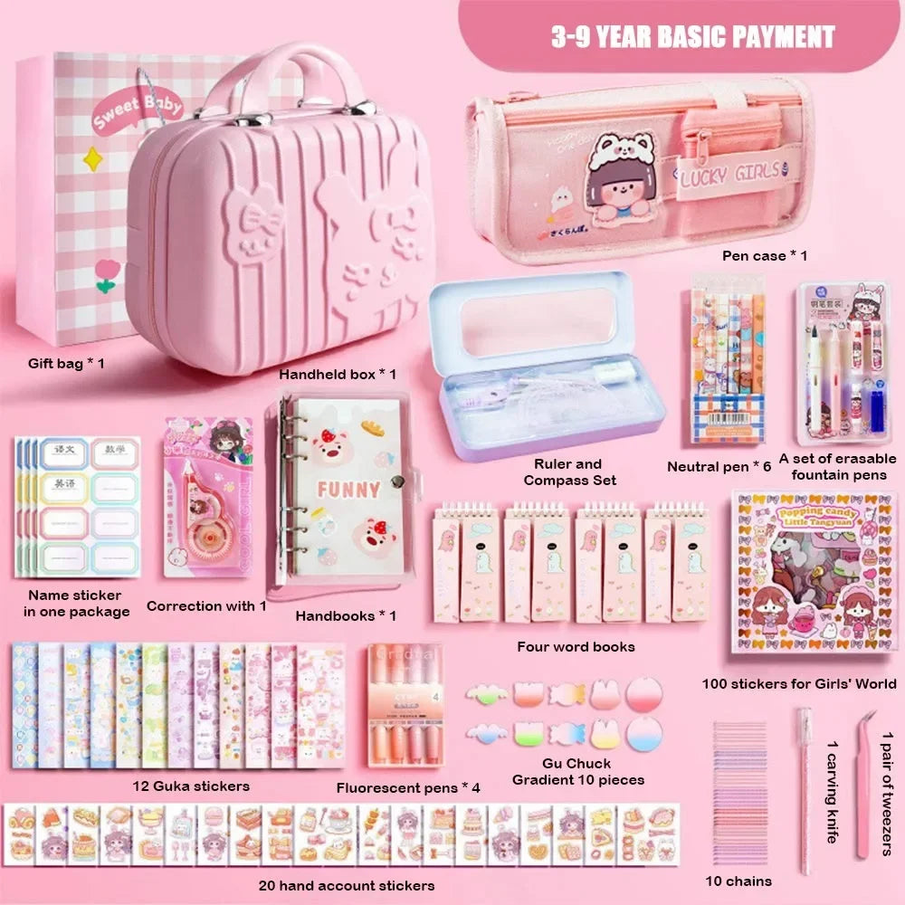 Cute Study Stationery Set Stickers Sharpener Creative Pen Bag Notebook Large Capacity Suitcase Stationery Gift Pack Students