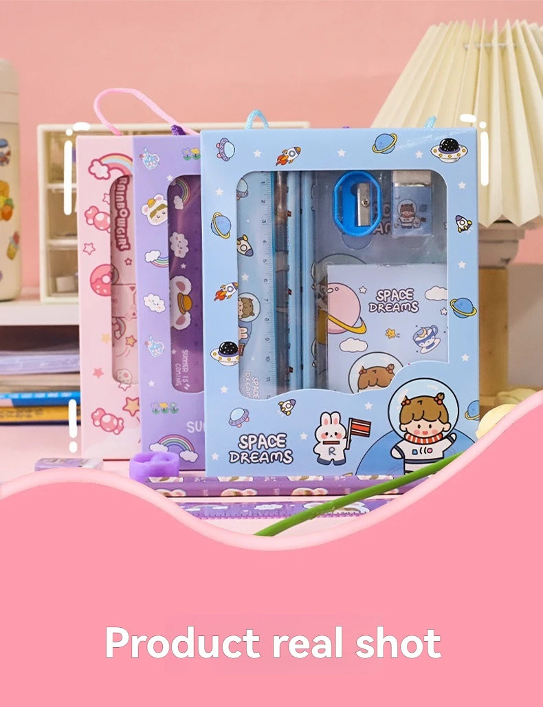New Cartoon Stationery Set Including Pencil Notebook Ruler Eraser Pencil Sharpener Student School Supplies Stationery Gifts