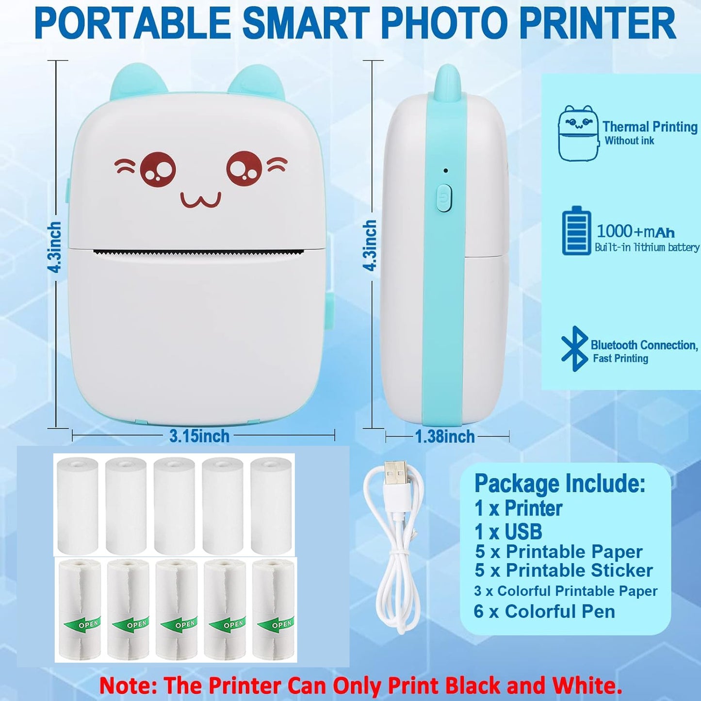 Portable Mini Thermal Printer Pocket Photo Printer Wireless Bluetooth Printing