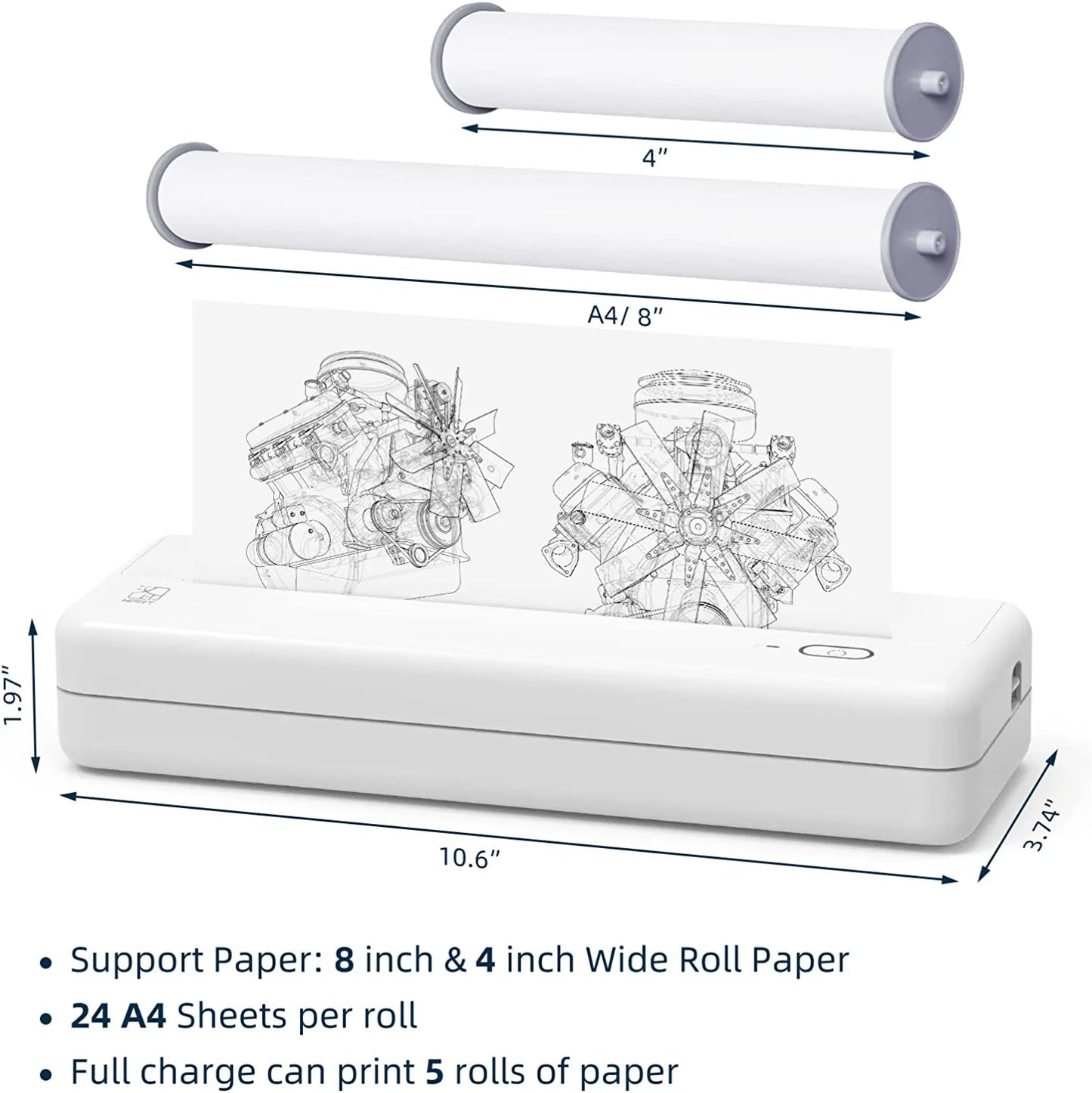 Wireless Portable Printers - A4 Thermal Printer, Monochrome for Travel, Mobile Office, School, Home - Bluetooth Printer Compatible with IOS Android Phone & Laptop