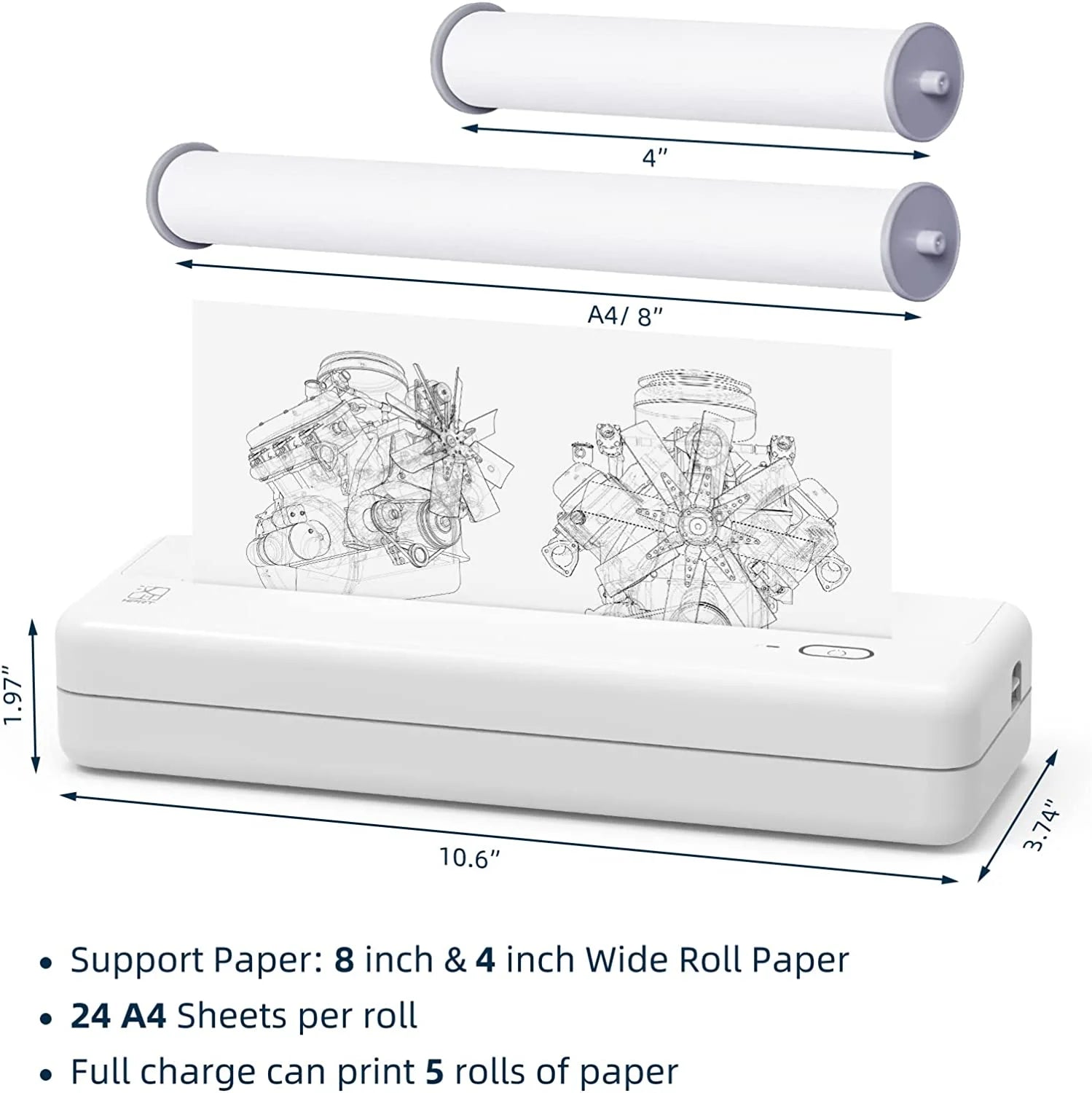 Wireless Portable Printers - A4 Thermal Printer, Monochrome for Travel, Mobile Office, School, Home - Bluetooth Printer Compatible with IOS Android Phone & Laptop