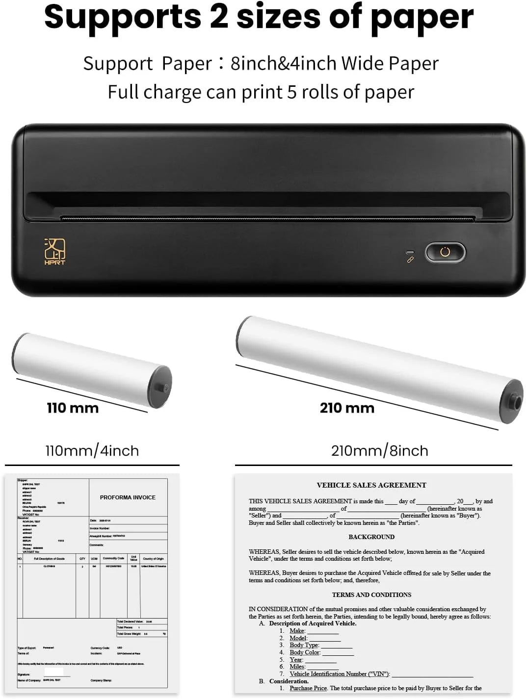 HPRT MT810 Portable Printer, A4 Wireless Bluetooth Travel Printer, Thermal Printer Support 8" & 4" Thermal Roll Paper Suitable for Home Vehincles Office Business