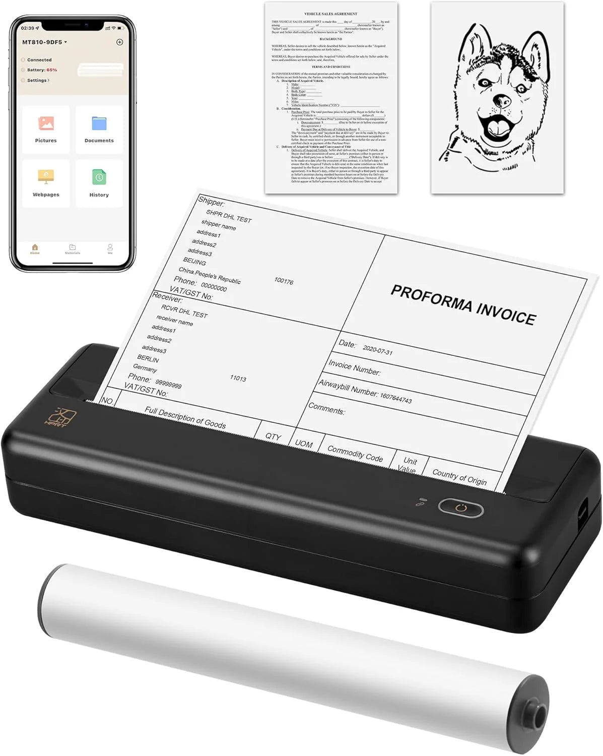 HPRT MT810 Portable Printer, A4 Wireless Bluetooth Travel Printer, Thermal Printer Support 8" & 4" Thermal Roll Paper Suitable for Home Vehincles Office Business