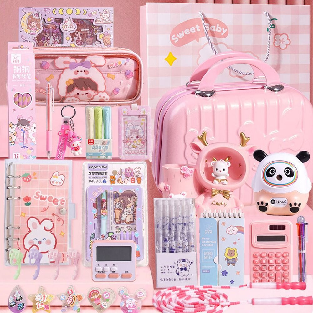 Cute Study Stationery Set Stickers Sharpener Creative Pen Bag Notebook Large Capacity Suitcase Stationery Gift Pack Students